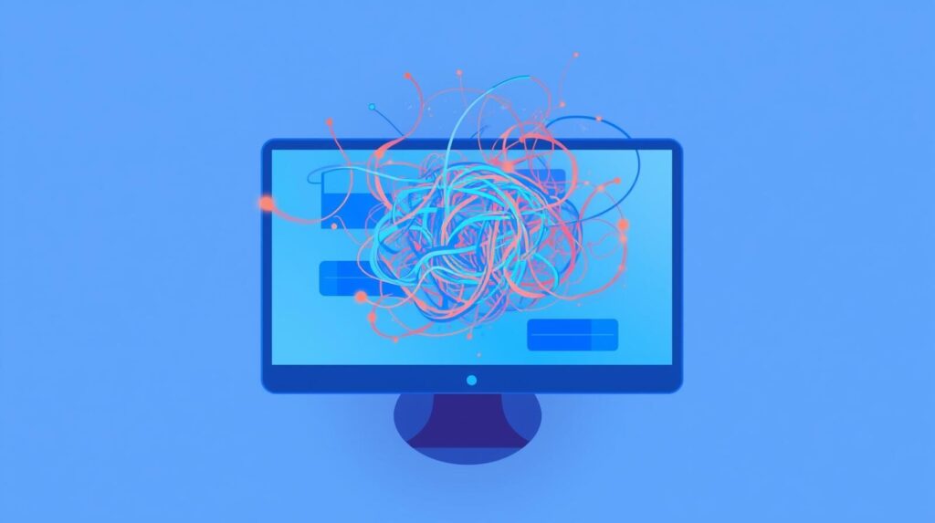 チャットの会話が長く続きすぎて、文脈が複雑に絡まり合ってしまった様子を表すアイソメトリックなイメージ図