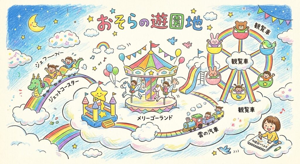"おそらの遊園地"というテーマで、子供がお絵かきしたくなるようなイラスト 生成例