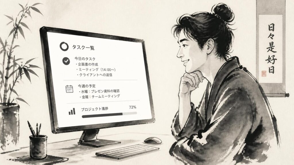 すっきりと見やすくなったパソコン画面を前に、晴れやかな表情で見つめる人物。和モダンで洗練された雰囲気が漂う水墨画イラスト
