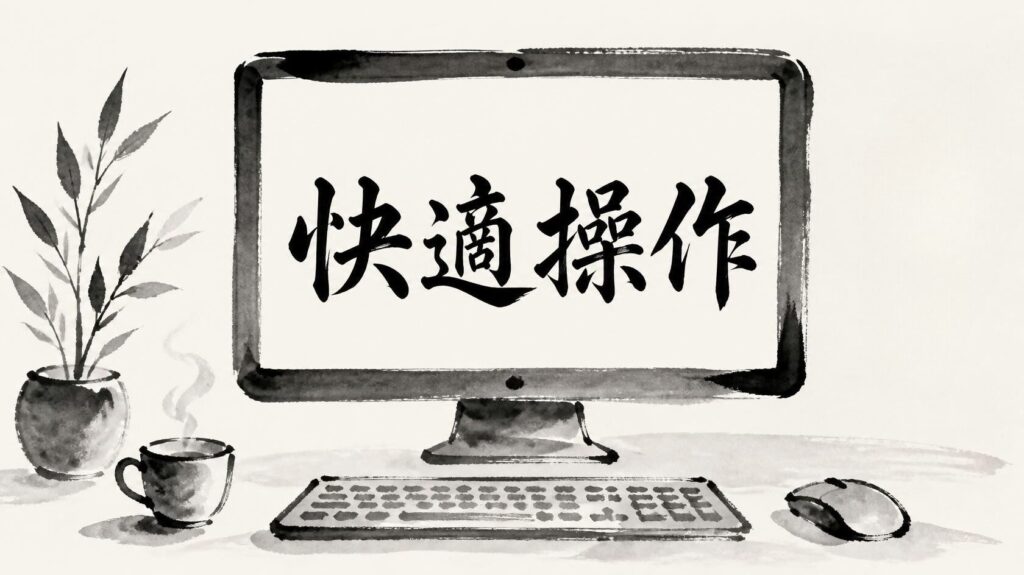 シンプルな筆使いで描かれたパソコン。文字が大きくくっきりと浮かび上がり、快適に操作している様子を表現した水墨画イラスト