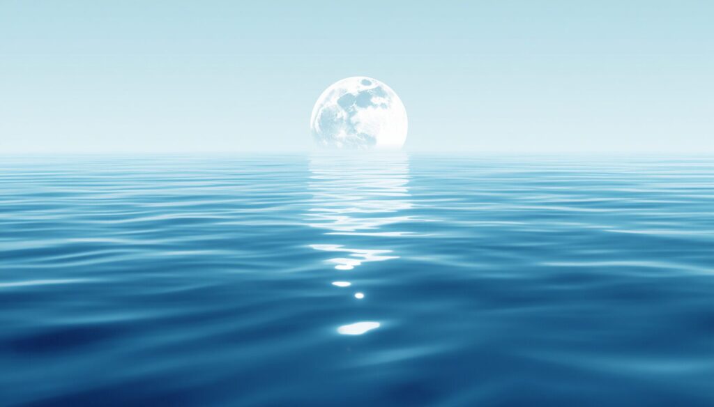 澄み切った満月が、波のない静かな水面を明るく照らし出している光景。障害物が一切ない、スムーズで快適なデジタルの世界を表現した静寂な墨絵/水彩デザイン。
