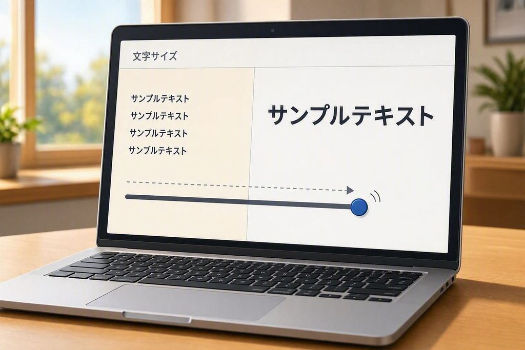 ノートパソコンの画面上で、文字サイズ変更スライダーを動かして文字が大きく見やすくなる様子をシンプルに表現した図解イラスト