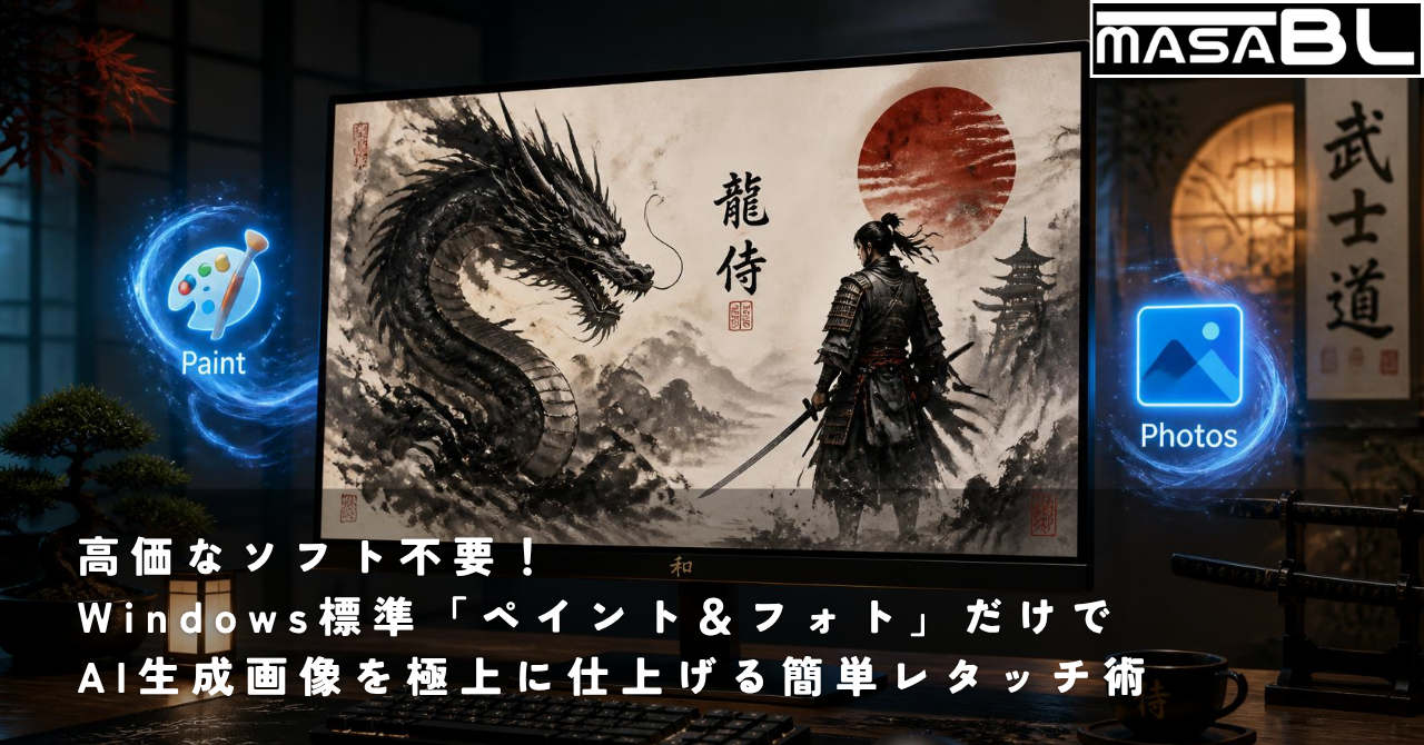 スタイリッシュな和モダン空間のPCモニターに、美しく加工されたAI墨絵（龍や侍）が映し出されている様子。画面の横にWindowsの「ペイント」と「フォト」のアイコンが光を放ちながら浮かび上がりるアイキャッチ イラスト画像