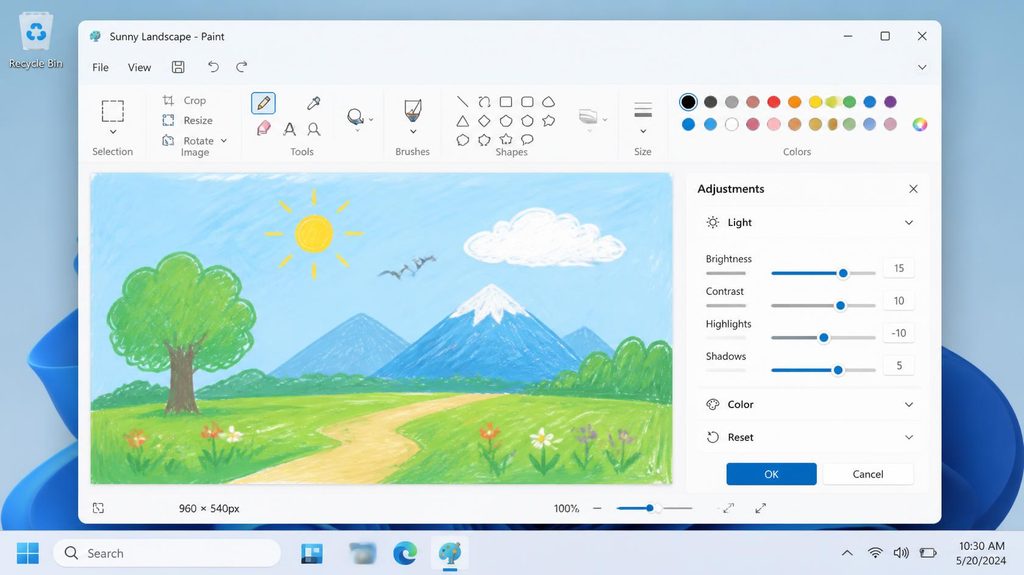 Windowsパソコンのデスクトップ画面上で、ペイントのツールバーとシンプルな調整パネルが直感的に操作されているイメージ。軽快で分かりやすいUIが強調された イラスト画像