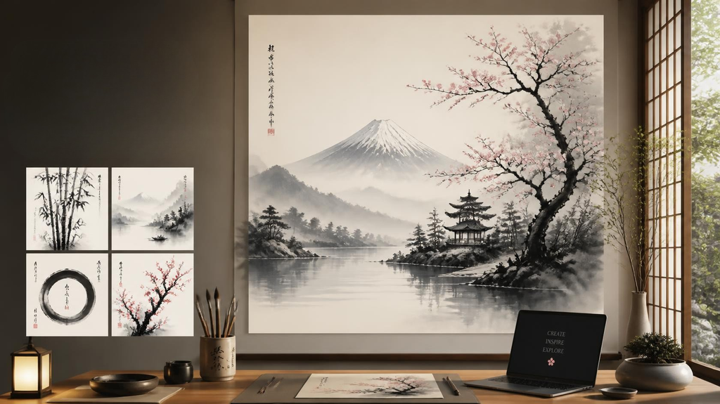 和の静けさとデジタルの光が調和したアトリエで、完成した高解像度のAI墨絵アートが美しくディスプレイされている様子。読者の創作意欲を高める落ち着いたまとめ画像