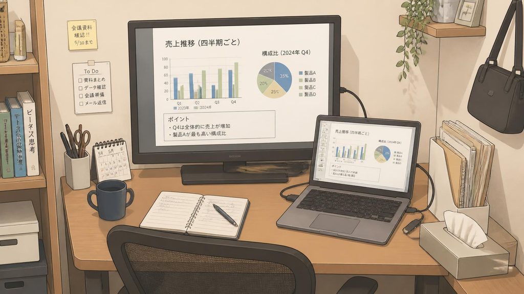 机の上に置かれた液晶テレビにノートパソコンが接続されており、少し窮屈そうに見える作業デスクの様子