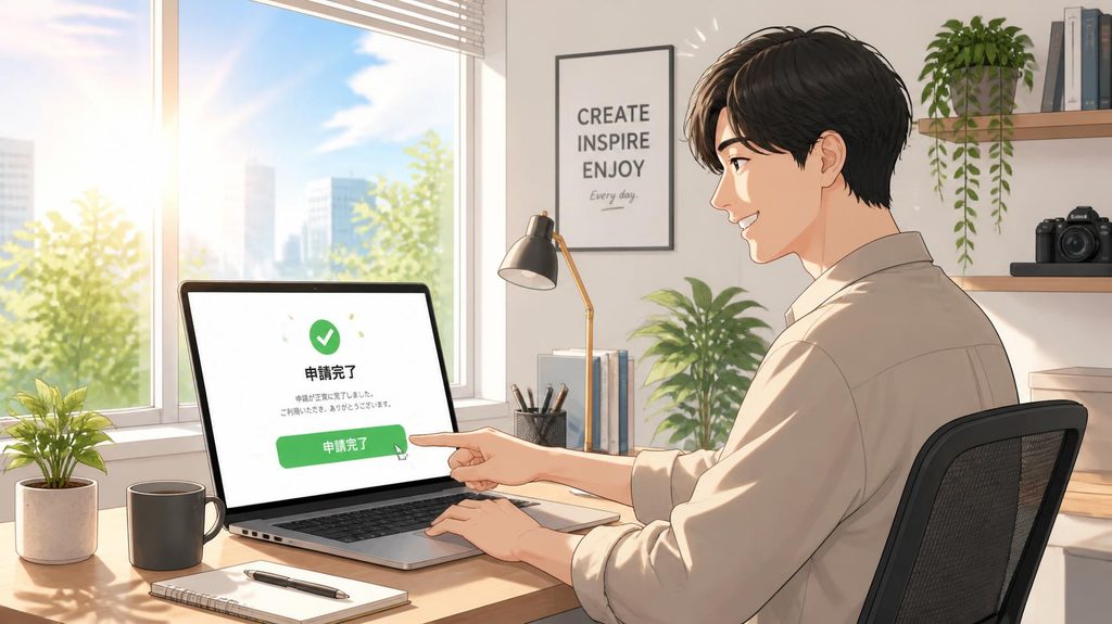 すっきりと片付いたデスクで、笑顔のクリエイターがノートPCの「申請完了」ボタンをクリックしているイラスト。窓からは明るい朝日が差し込み、解放感と達成感に満ちたモダンなイラスト