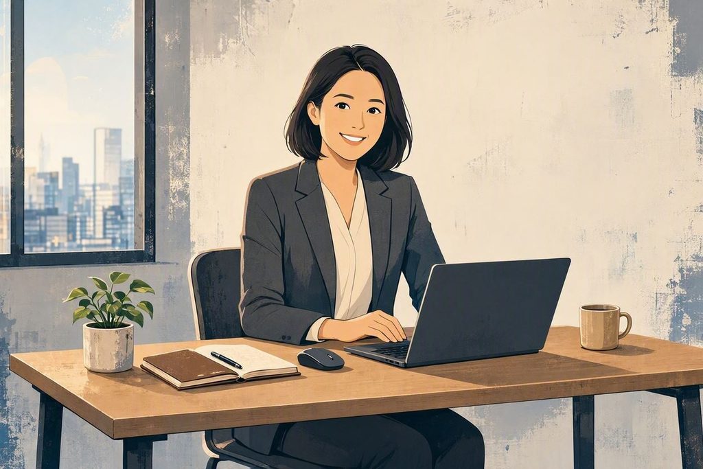 すっきりと片付いたPCデスクで、笑顔で快適に作業するビジネスパーソンのイメージ画像