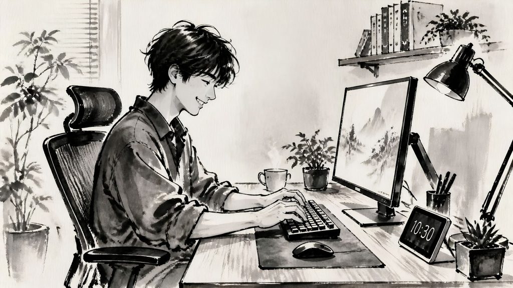 新しく快適になったPCデスクで、笑顔でキーボードを叩き作業に没頭している様子のイラスト