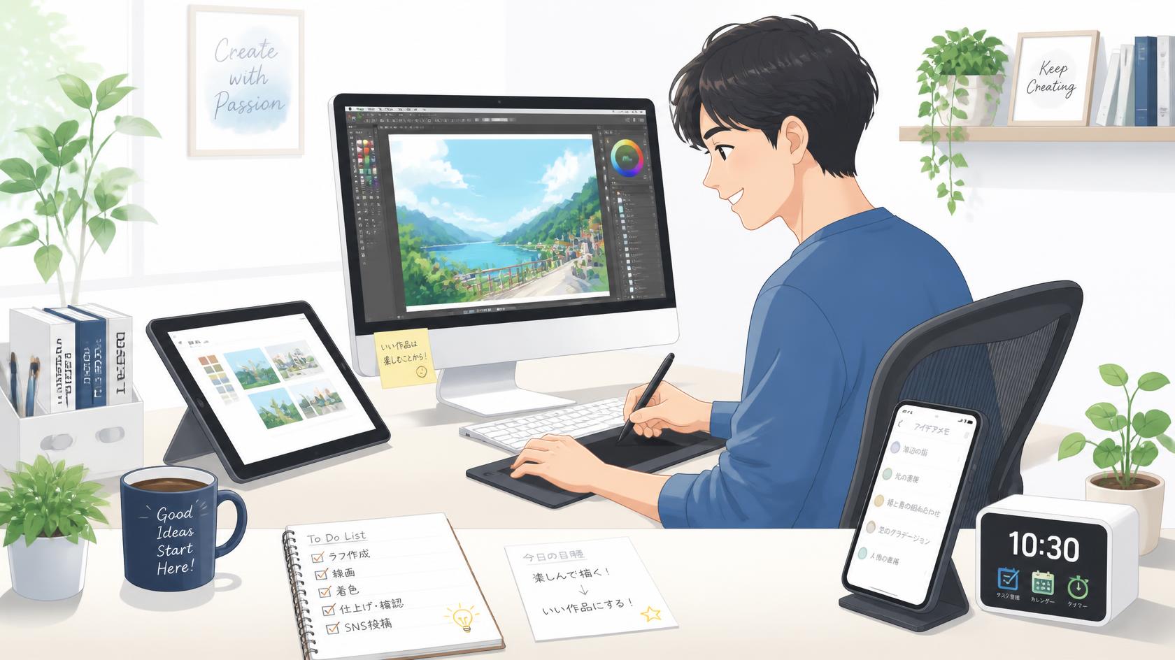 すっきりと片付いたPCデスクで、笑顔でクリエイティブな制作に没頭しているイラストレーター。横にはタブレットと作業効率化ツール。Canva用：明るく清潔感のあるモダンイラスト