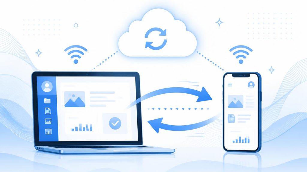 パソコンとスマートフォンがワイヤレスで同期している様子を表現したイラスト。青と白を基調とし、矢印でデータがスムーズに行き来している軽快なイメージ