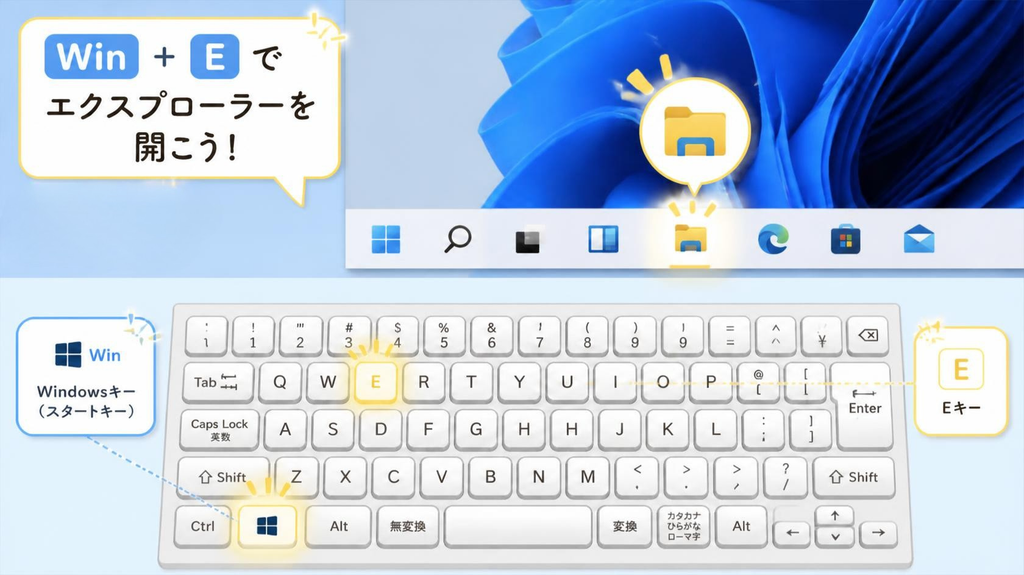 黄色のフォルダ型アイコン(エクスプローラー)がWindowsのタスクバーに並び、キーボードの「Win」キーと「E」キーがハイライトされて光っている親しみやすい図解