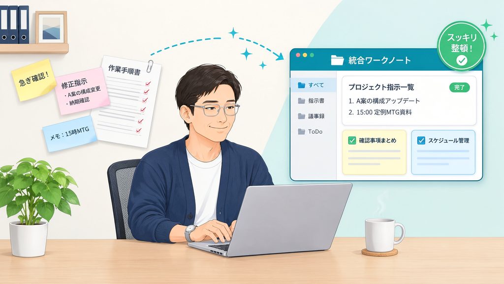 散らかっていたメモや指示文がすっきりと1つのデジタルノートに整頓され、作業者が笑顔でパソコンに向かって快適に作業しているイラスト