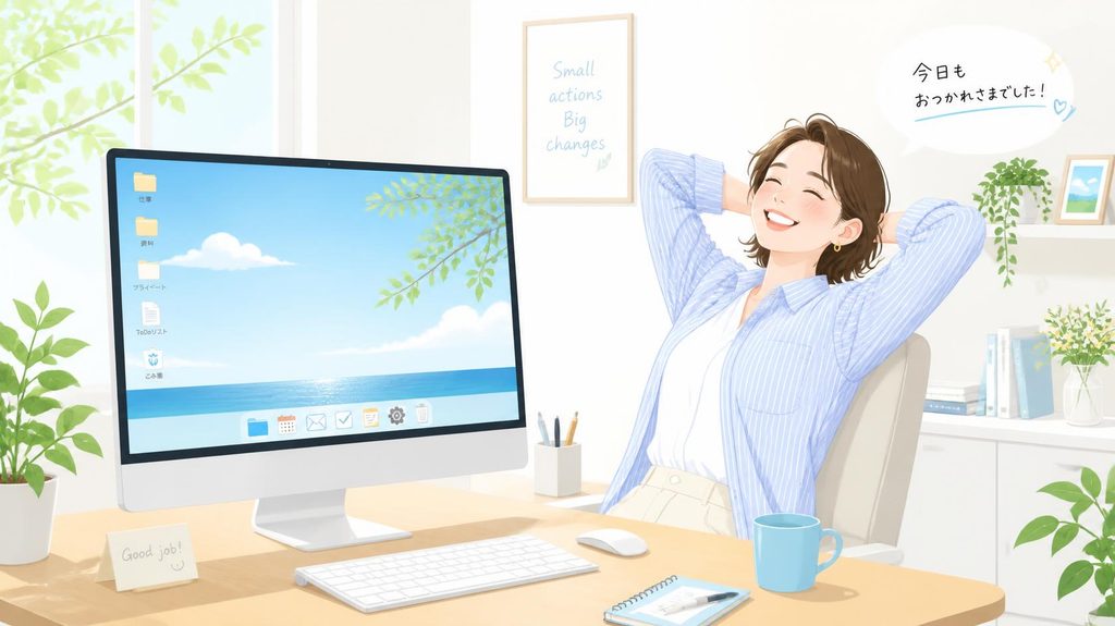 整頓されたデスクトップ画面と、笑顔で快適にパソコン作業を終えてリラックスしている人物のイラスト。明るくすっきりとした配色