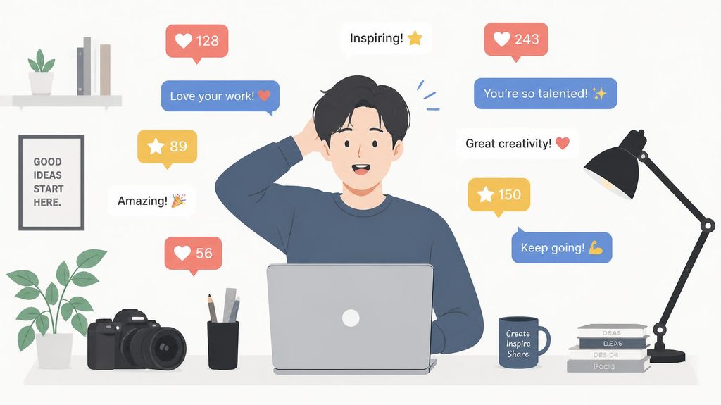 SNSの吹き出し通知（ハートや星マーク、英語のメッセージ）がたくさん届き、嬉しいけれど少し戸惑っているクリエイターのデスク風景。Canva用：シンプルでモダンなベクターイラスト